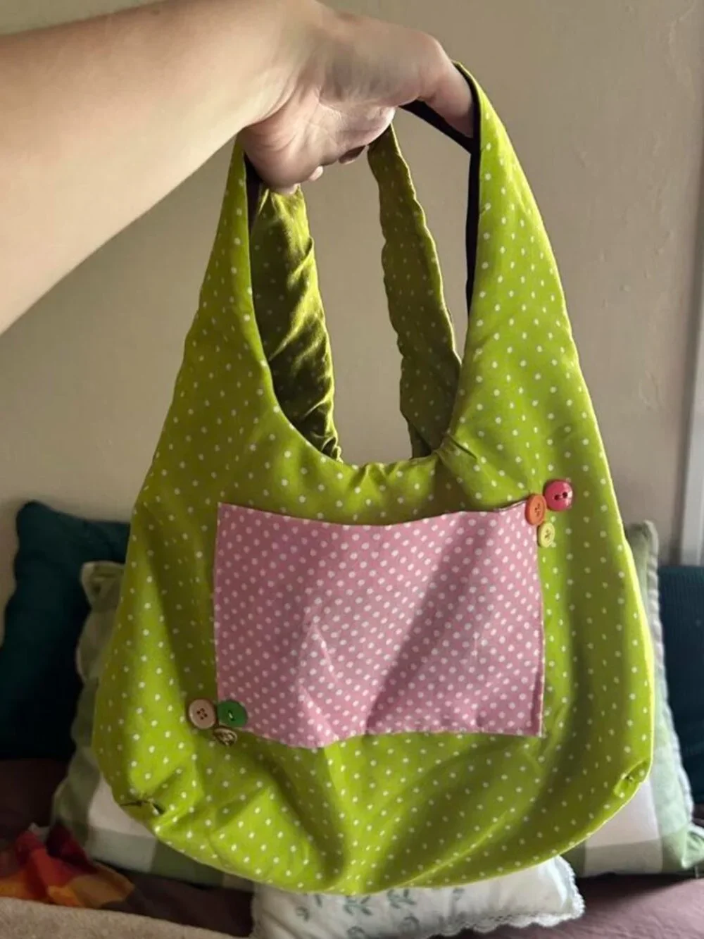 Green Polka Dot Pink Pocket Shoulder Bag | Handmade Upcycled One of One